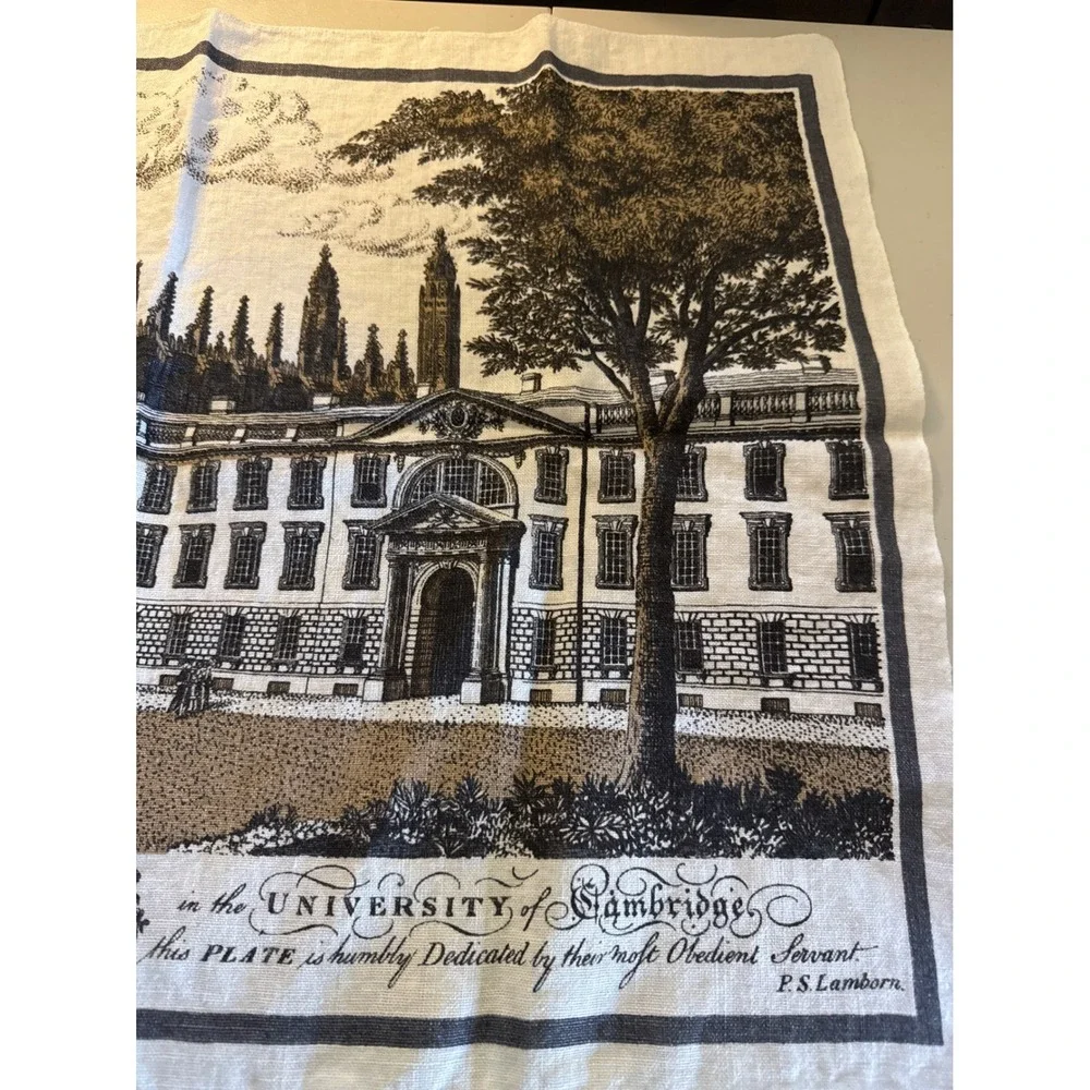 Vintage Pure Irish Linen Tea Towel Kings College University of Cambridge Print